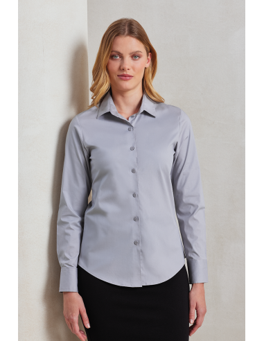 P-PR344-Womens Stretch Fit Poplin Long Sleeve Cotton Shirt